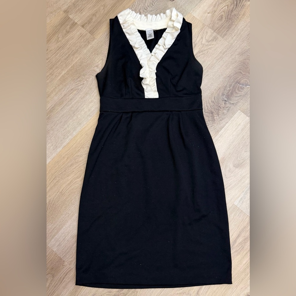 London Times Black Sheath Dress with Cream Ruffle